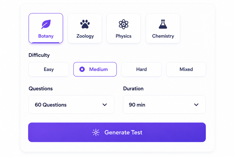 Custom Tests - subject, difficulty and duration selector